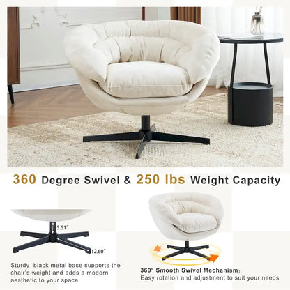 Fauteuil club/fauteuil d'appoint pivotant à 360° en chenille avec coussin amovible, fauteuil de bureau rond avec piètement en métal noir