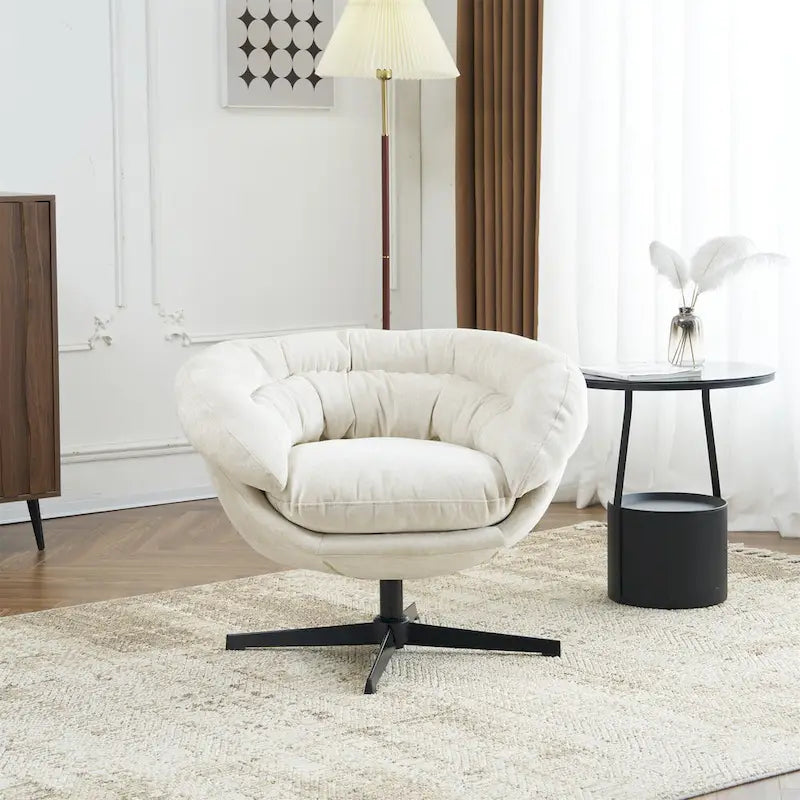 Fauteuil club/fauteuil d'appoint pivotant à 360° en chenille avec coussin amovible, fauteuil de bureau rond avec piètement en métal noir
