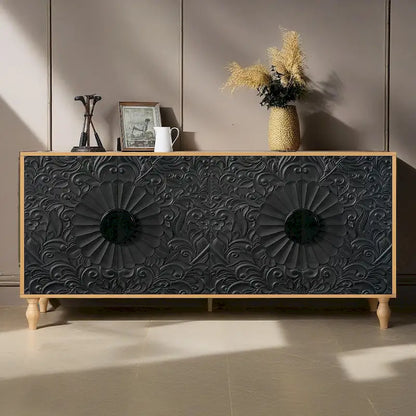 Buffet de rangement avec étagères et porte ornée d'un motif floral de lys, par GDFStudio