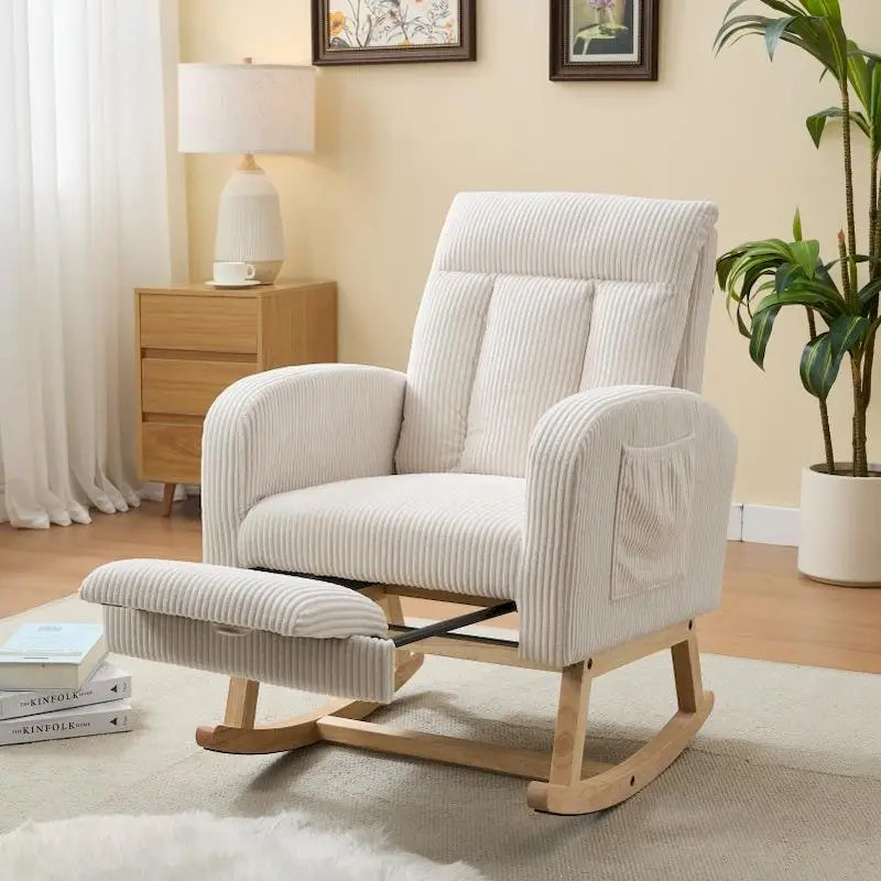 Fauteuil à bascule d'appoint avec pieds en bois massif, fauteuil berçant rembourré pour chambre d'enfant, fauteuil confortable avec poche latérale