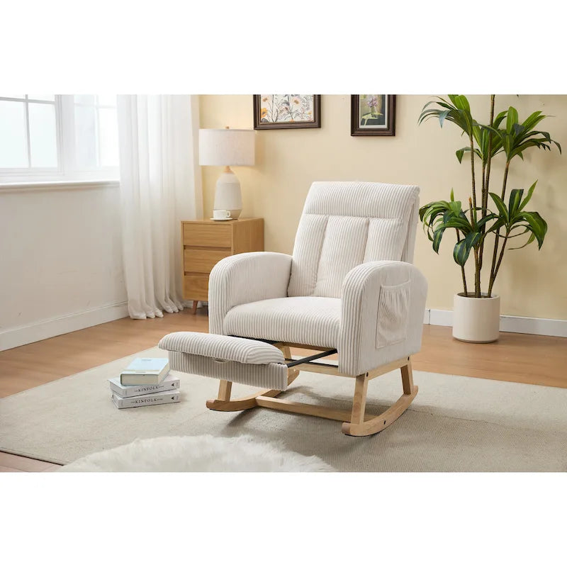 Fauteuil à bascule d'appoint avec pieds en bois massif, fauteuil berçant rembourré pour chambre d'enfant, fauteuil confortable avec poche latérale