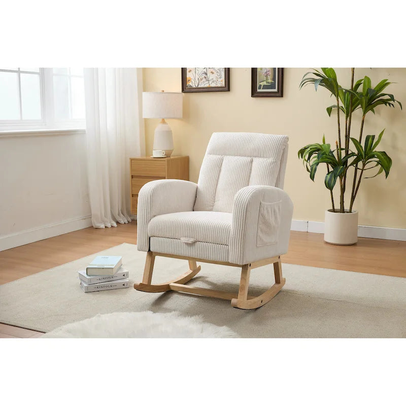 Fauteuil à bascule d'appoint avec pieds en bois massif, fauteuil berçant rembourré pour chambre d'enfant, fauteuil confortable avec poche latérale