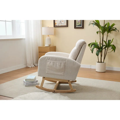 Fauteuil à bascule d'appoint avec pieds en bois massif, fauteuil berçant rembourré pour chambre d'enfant, fauteuil confortable avec poche latérale