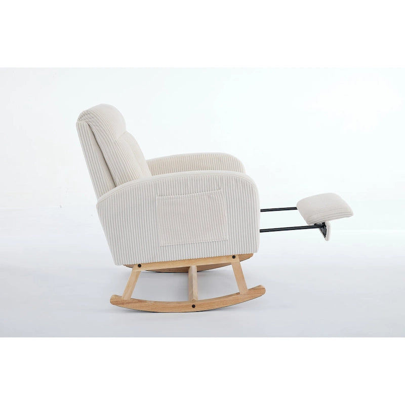 Fauteuil à bascule d'appoint avec pieds en bois massif, fauteuil berçant rembourré pour chambre d'enfant, fauteuil confortable avec poche latérale