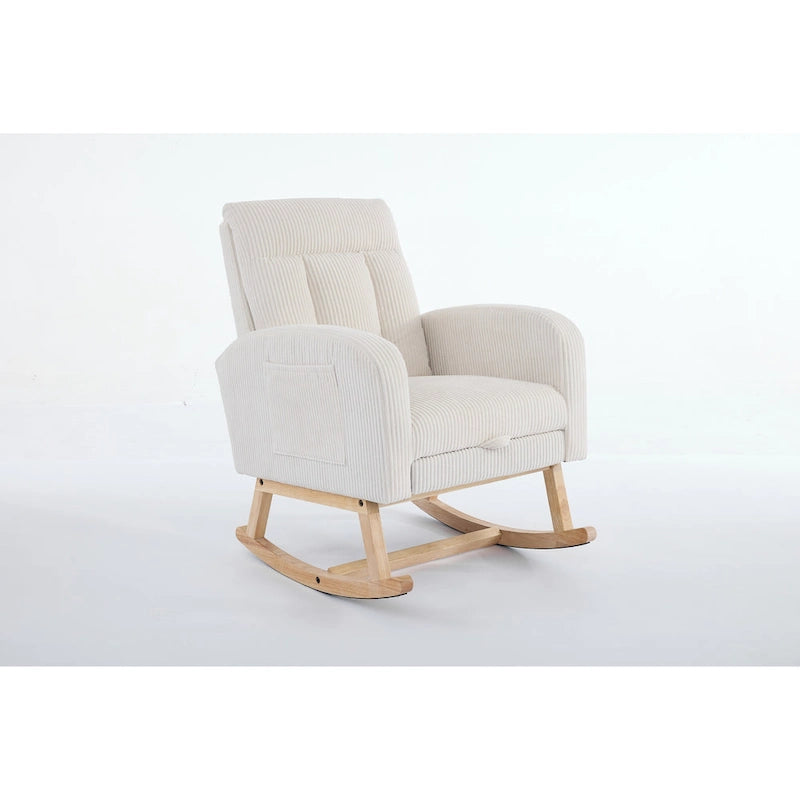 Fauteuil à bascule d'appoint avec pieds en bois massif, fauteuil berçant rembourré pour chambre d'enfant, fauteuil confortable avec poche latérale