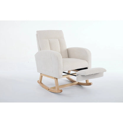 Fauteuil à bascule d'appoint avec pieds en bois massif, fauteuil berçant rembourré pour chambre d'enfant, fauteuil confortable avec poche latérale