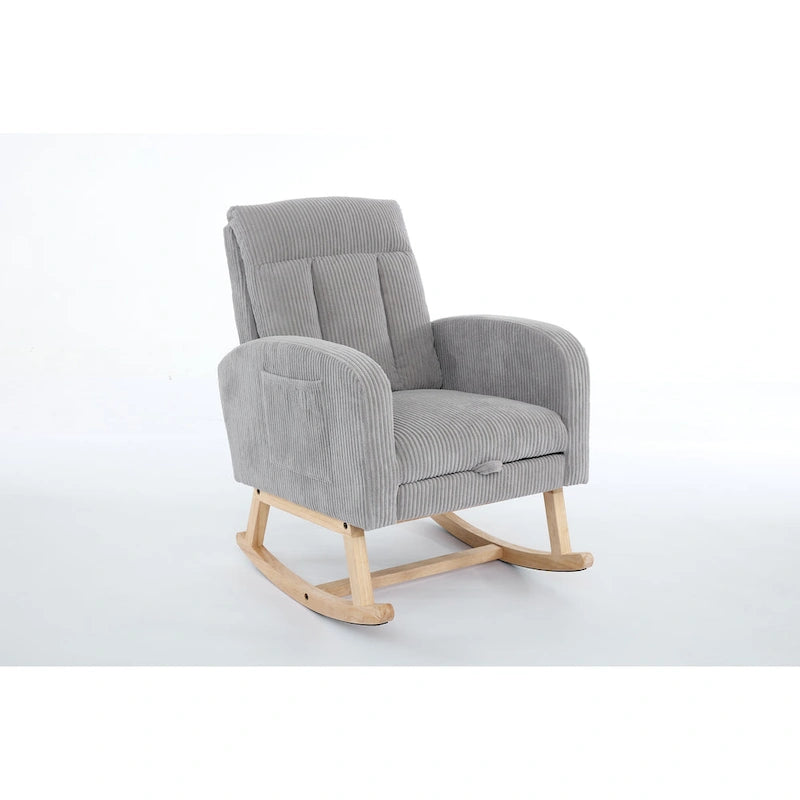 Fauteuil à bascule d'appoint avec pieds en bois massif, fauteuil berçant rembourré pour chambre d'enfant, fauteuil confortable avec poche latérale