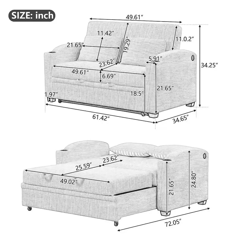 Canapé-lit convertible deux places en chenille avec dossier réglable, ports USB et porte-gobelets