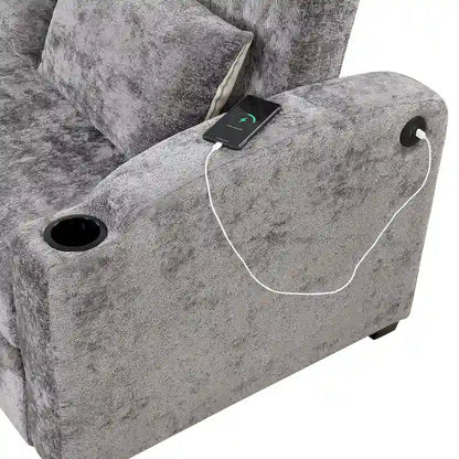 Canapé-lit convertible deux places en chenille avec dossier réglable, ports USB et porte-gobelets