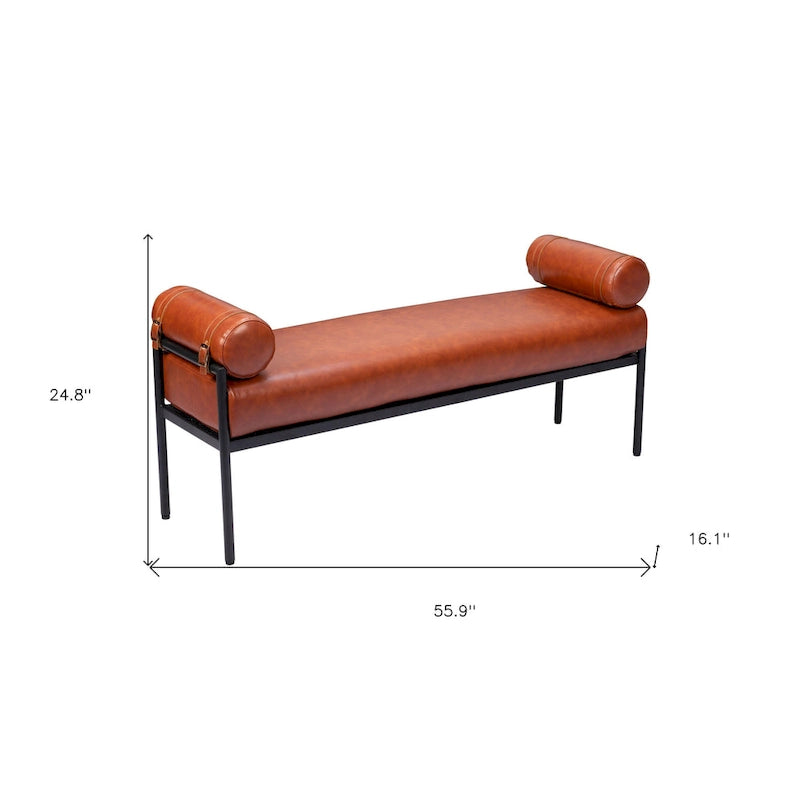 Banc rembourré HomeRoots 56 en similicuir marron - 142 cm x 63 cm x 41 cm