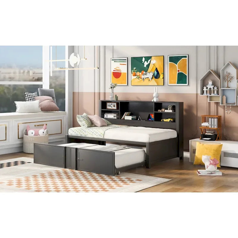 Lit de jour rembourré en métal pour lit simple avec cadre de lit gigogne pour lit simple, ports USB et étagères de rangement. Gain de place, montage facile.