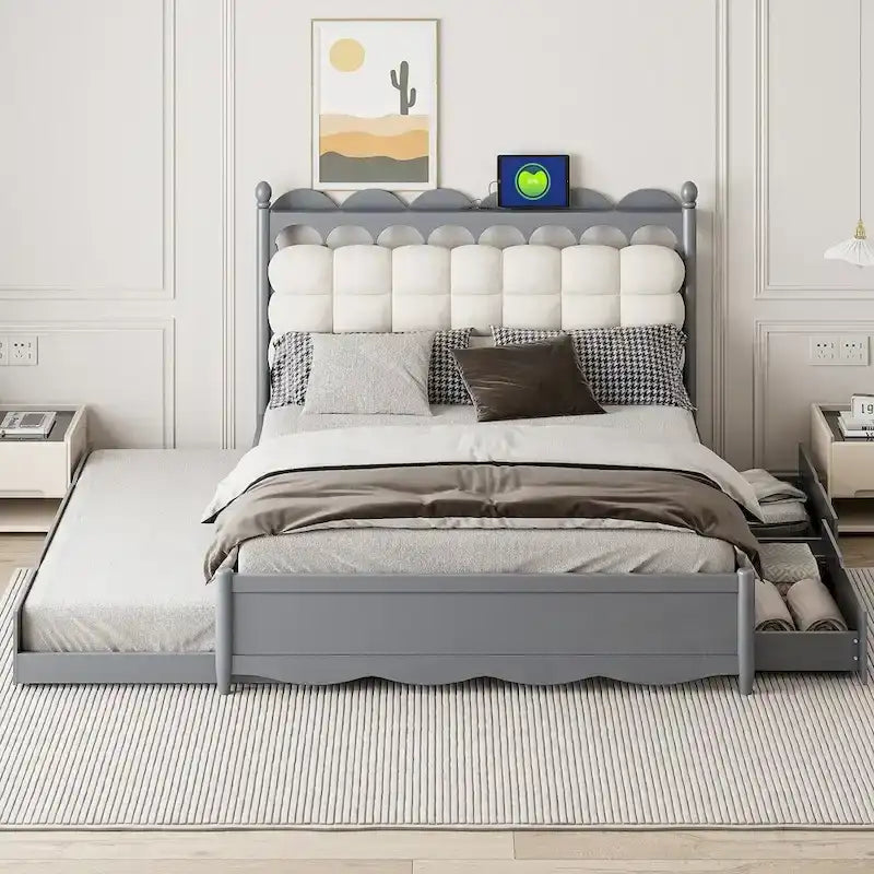 Lit plateforme en bois avec rangement, 2 grands tiroirs et lit gigogne de taille Twin XL