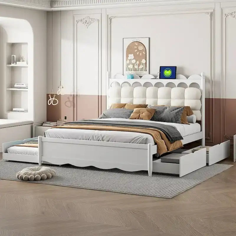 Wooden Storage Platform Bed with 2 Big Drawers and Twin-XL Size Trundle