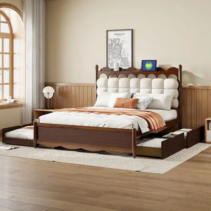 Lit plateforme en bois avec rangement, 2 grands tiroirs et lit gigogne de taille Twin XL