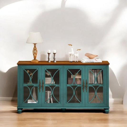 Elegant European Antique 4-Door Cabinet with Tempered Glass, Adjustable Shelves, Solid Wood Legs for Living Room, Dining Room