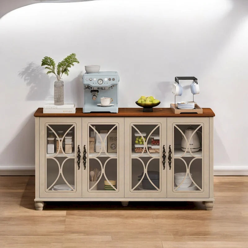 Élégant meuble ancien européen à 4 portes avec portes vitrées, étagères réglables et pieds en bois massif, idéal pour le salon ou la salle à manger.
