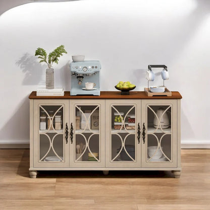 Élégant meuble ancien européen à 4 portes avec portes vitrées, étagères réglables et pieds en bois massif, idéal pour le salon ou la salle à manger.