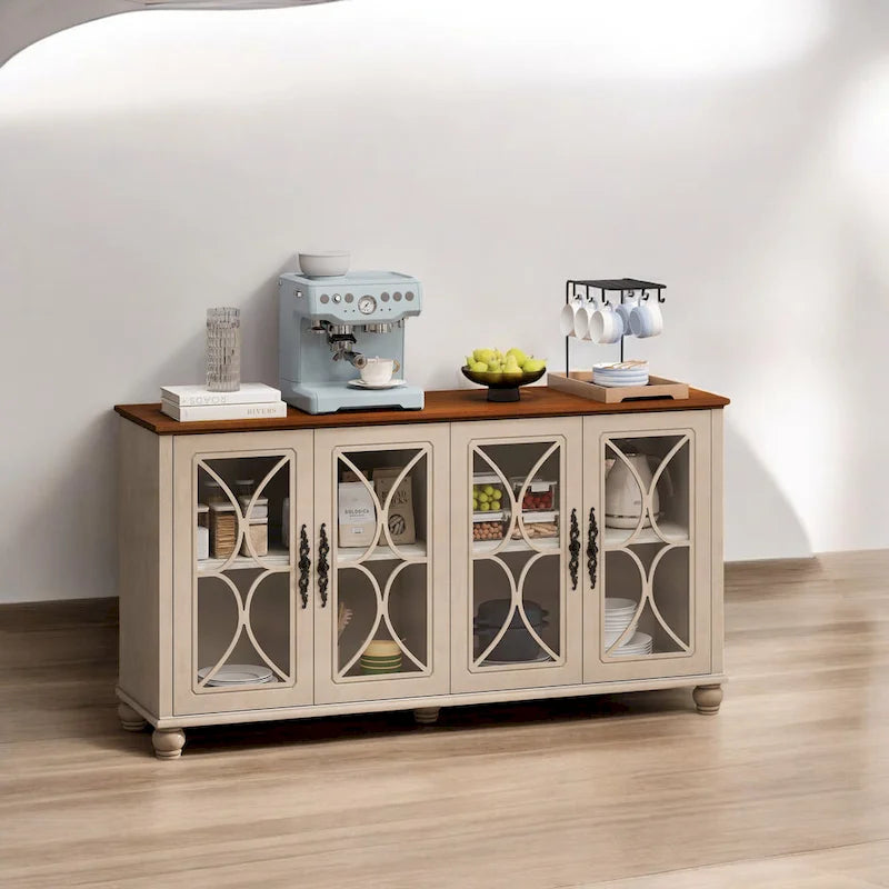 Élégant meuble ancien européen à 4 portes avec portes vitrées, étagères réglables et pieds en bois massif, idéal pour le salon ou la salle à manger.