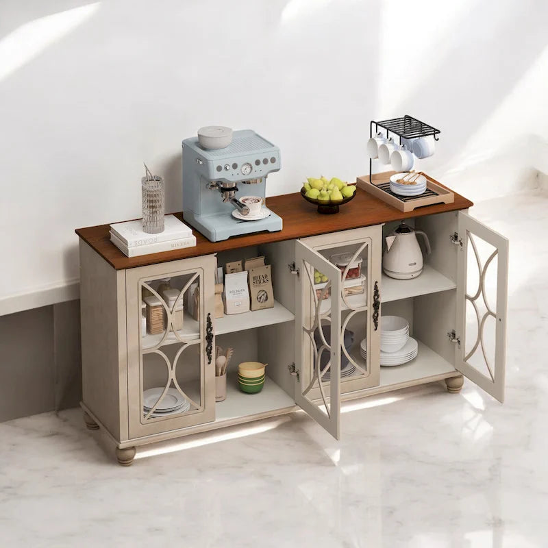 Élégant meuble ancien européen à 4 portes avec portes vitrées, étagères réglables et pieds en bois massif, idéal pour le salon ou la salle à manger.