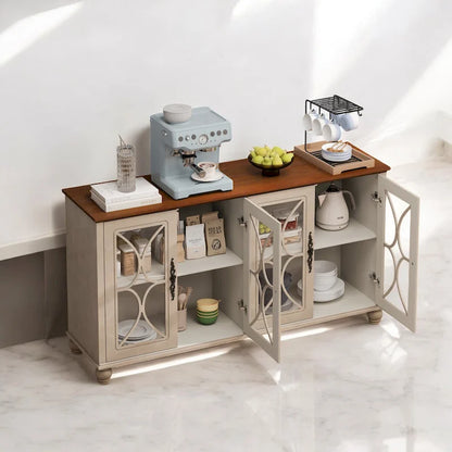 Élégant meuble ancien européen à 4 portes avec portes vitrées, étagères réglables et pieds en bois massif, idéal pour le salon ou la salle à manger.