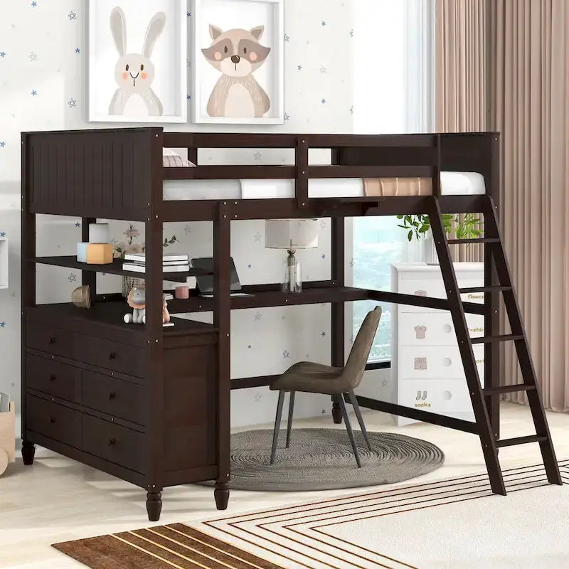 Full size Loft Bed with Drawers and Desk, Wooden Loft Bed with Shelves