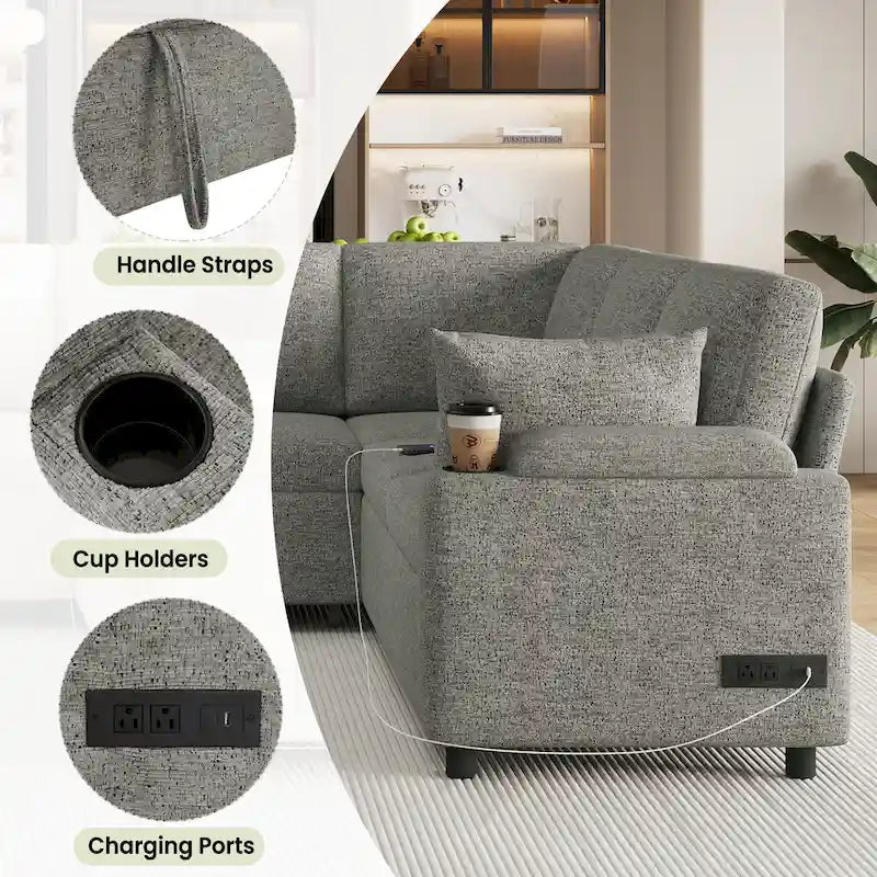 Canapé d'angle en chenille avec 2 porte-gobelets et ports de chargement, canapé-lit inclinable pour salon