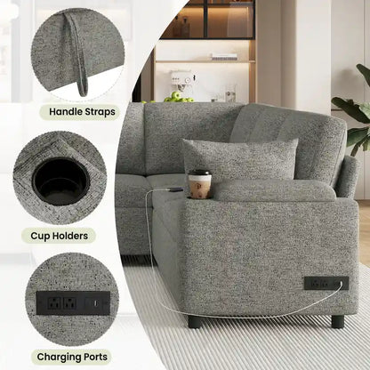 Canapé d'angle en chenille avec 2 porte-gobelets et ports de chargement, canapé-lit inclinable pour salon