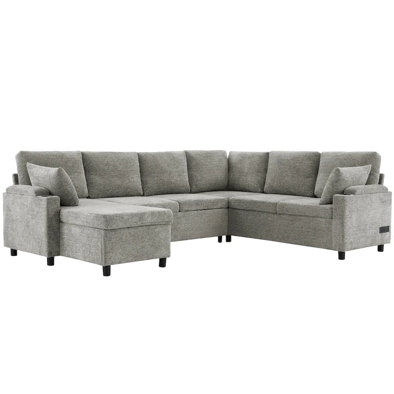 Canapé d'angle en chenille avec 2 porte-gobelets et ports de chargement, canapé-lit inclinable pour salon