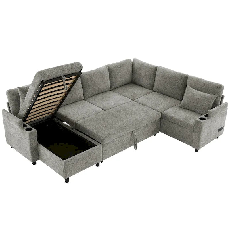 Canapé d'angle en chenille avec 2 porte-gobelets et ports de chargement, canapé-lit inclinable pour salon