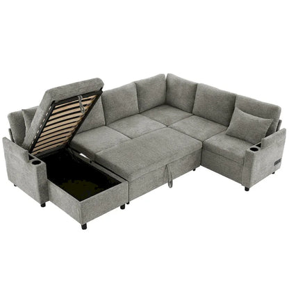 Canapé d'angle en chenille avec 2 porte-gobelets et ports de chargement, canapé-lit inclinable pour salon