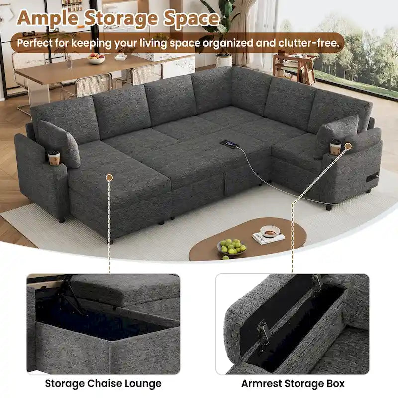 Canapé d'angle en chenille avec 2 porte-gobelets et ports de chargement, canapé-lit inclinable pour salon