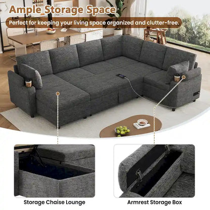 Canapé d'angle en chenille avec 2 porte-gobelets et ports de chargement, canapé-lit inclinable pour salon