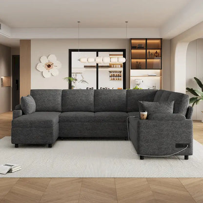 Canapé d'angle en chenille avec 2 porte-gobelets et ports de chargement, canapé-lit inclinable pour salon