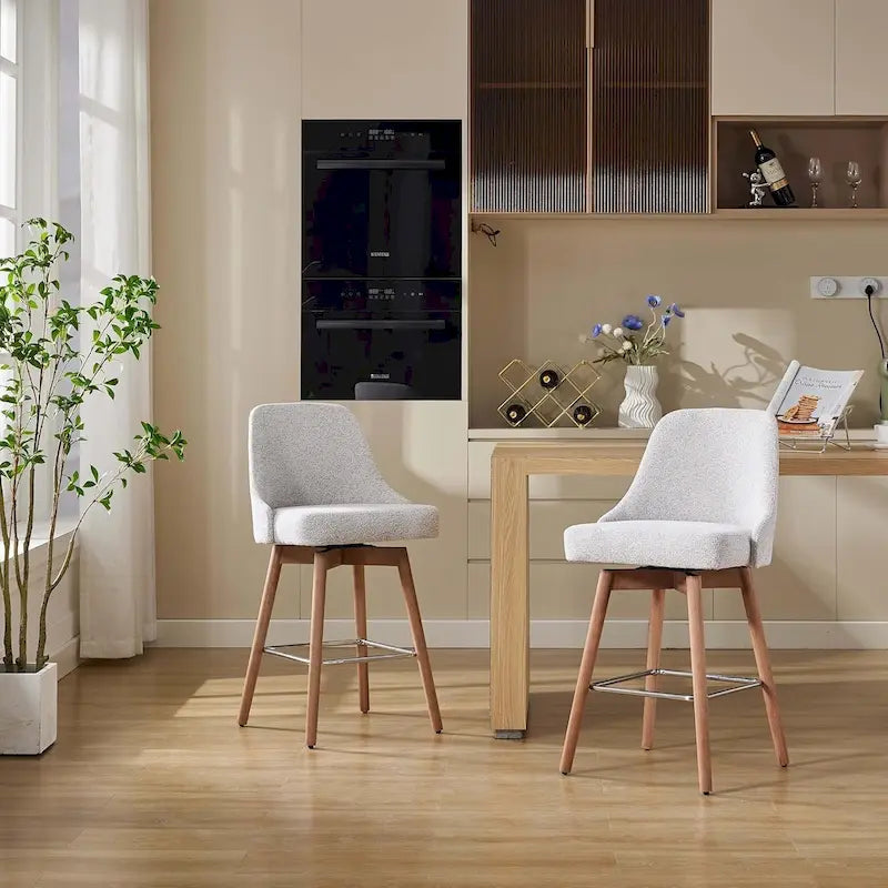 Ensemble de 2 tabourets de bar pivotants, tabourets de bar à hauteur de comptoir avec dossier et pieds en bois, chaises rembourrées pour îlot de cuisine