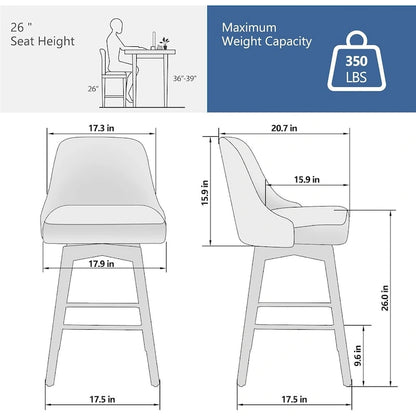 Ensemble de 2 tabourets de bar pivotants, tabourets de bar à hauteur de comptoir avec dossier et pieds en bois, chaises rembourrées pour îlot de cuisine