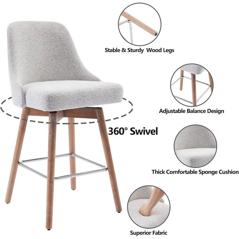 Ensemble de 2 tabourets de bar pivotants, tabourets de bar à hauteur de comptoir avec dossier et pieds en bois, chaises rembourrées pour îlot de cuisine