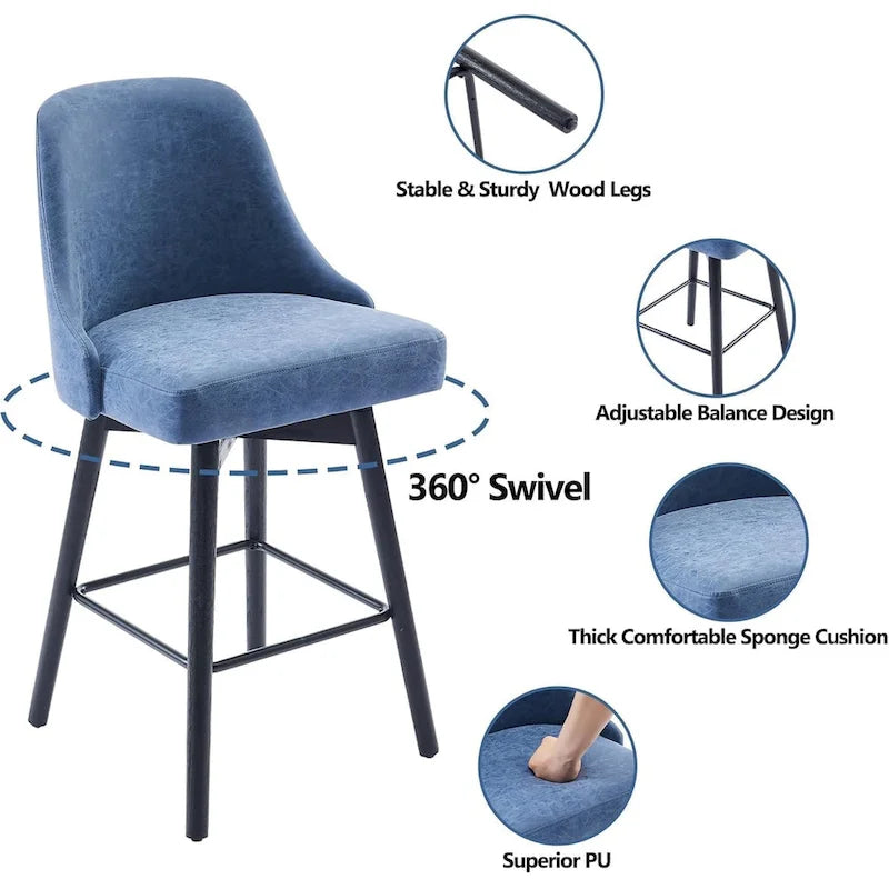 Ensemble de 2 tabourets de bar pivotants, tabourets de bar à hauteur de comptoir avec dossier et pieds en bois, chaises rembourrées pour îlot de cuisine