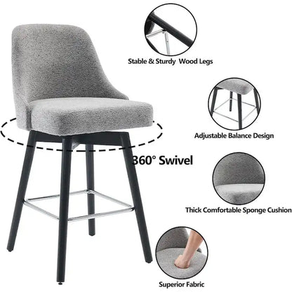 Ensemble de 2 tabourets de bar pivotants, tabourets de bar à hauteur de comptoir avec dossier et pieds en bois, chaises rembourrées pour îlot de cuisine