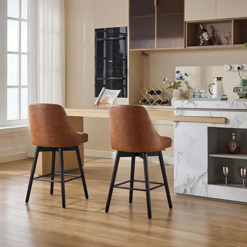 Ensemble de 2 tabourets de bar pivotants, tabourets de bar à hauteur de comptoir avec dossier et pieds en bois, chaises rembourrées pour îlot de cuisine