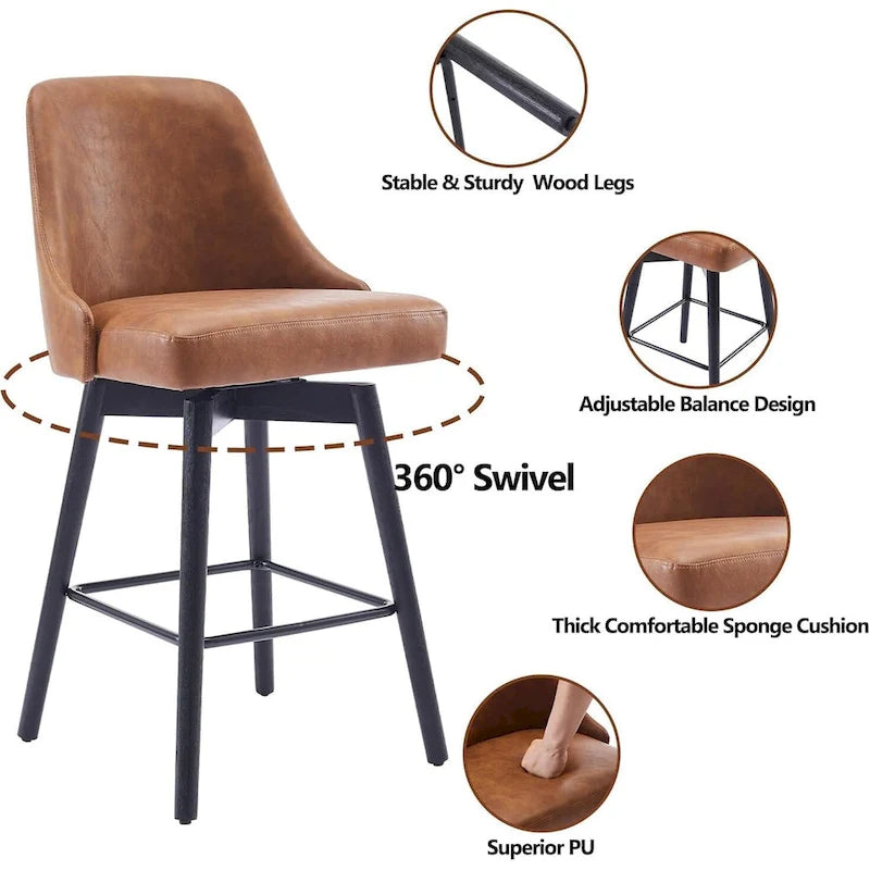 Ensemble de 2 tabourets de bar pivotants, tabourets de bar à hauteur de comptoir avec dossier et pieds en bois, chaises rembourrées pour îlot de cuisine