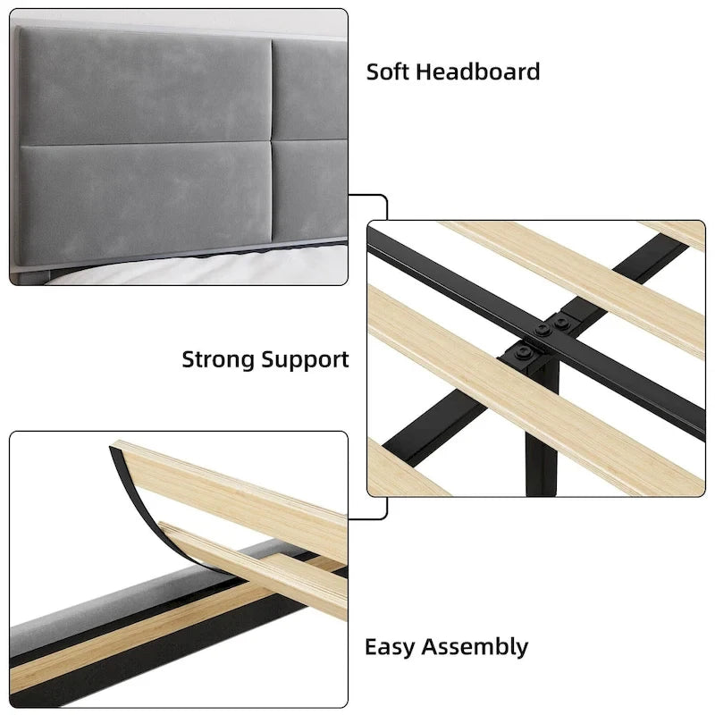 Cadre de lit plateforme rembourré avec tête de lit carrée en velours