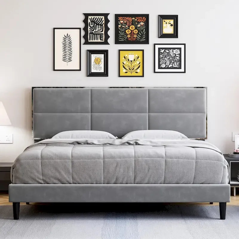 Cadre de lit plateforme rembourré avec tête de lit carrée en velours