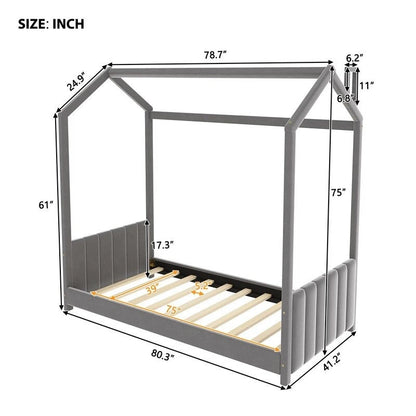 Lit cabane en velours deux places, lit pour plancher en bois