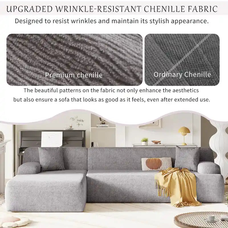 Canapé d'angle modulaire en polyester 111, forme L, avec mousse haute densité, assise profonde de 68,5 cm et revêtement en chenille infroissable.