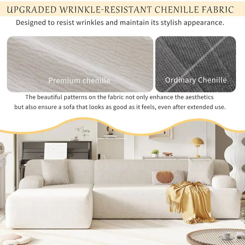 Canapé d'angle modulaire en polyester 111, forme L, avec mousse haute densité, assise profonde de 68,5 cm et revêtement en chenille infroissable.