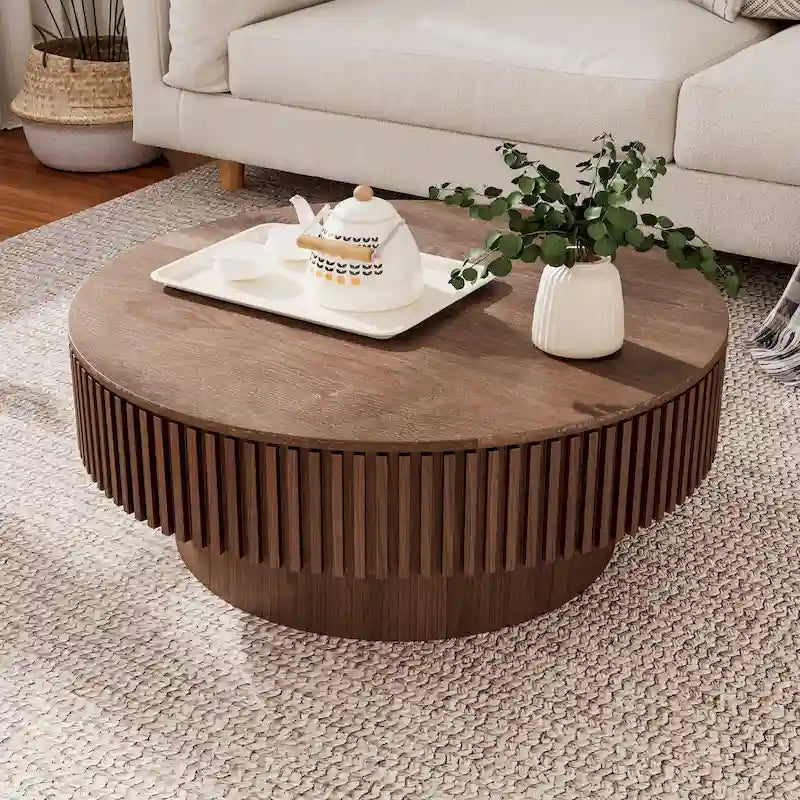 Table basse ronde moderne en placage de bois massif avec rangement
