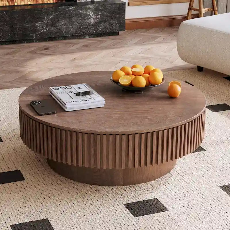 Table basse ronde moderne en placage de bois massif avec rangement