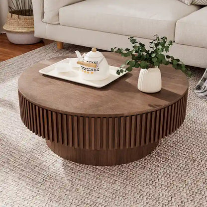 Modern Solid Wood Veneered Round Coffee Tea Table with Storage