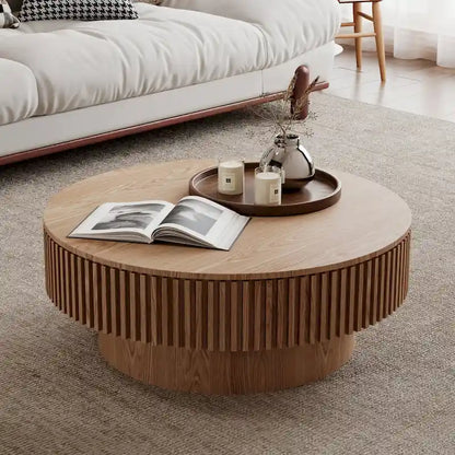 Table basse ronde moderne en placage de bois massif avec rangement