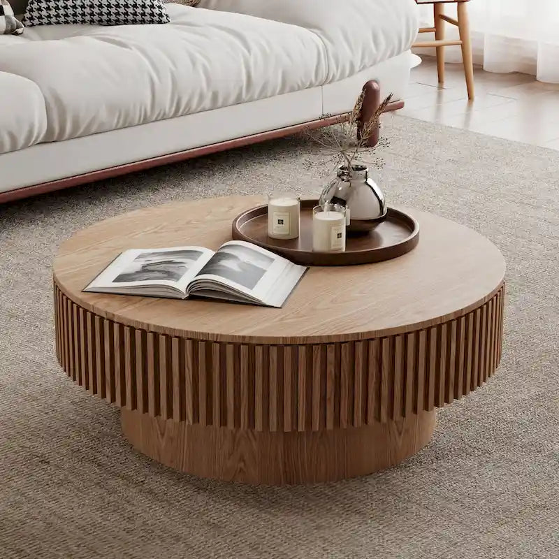 Table basse ronde moderne en placage de bois massif avec rangement